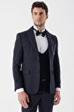 Desenli Armürlü Çıkarılabilir Şal Yaka Kruvaze 6 Drop Slim Fit Smokin Damatlık Takım 1001230214 Koyu Lacivert