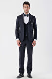 Desenli Armürlü Çıkarılabilir Şal Yaka Kruvaze 6 Drop Slim Fit Smokin Damatlık Takım 1001230214 Koyu Lacivert