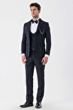 Desenli Armürlü Çıkarılabilir Şal Yaka Kruvaze 6 Drop Slim Fit Smokin Damatlık Takım 1001230214 Koyu Lacivert