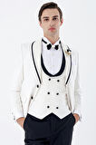 Desenli Armürlü Çıkarılabilir Şal Yaka Kruvaze 6 Drop Slim Fit Smokin Damatlık Takım 1001230214 Beyaz