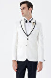 Desenli Armürlü Çıkarılabilir Şal Yaka Kruvaze 6 Drop Slim Fit Smokin Damatlık Takım 1001230214 Beyaz