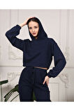 Kadın Lacivert Crop Sweatshirt Oversize Rahat Giyim