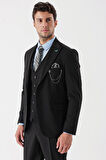 Desenli Armürlü Kırlangıç Yaka Yelekli Likralı 6 Drop Slim Fit Takım Elbise 1001235154 Siyah