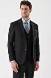 Desenli Armürlü Kırlangıç Yaka Yelekli Likralı 6 Drop Slim Fit Takım Elbise 1001235154 Siyah