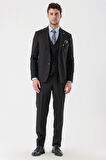 Desenli Armürlü Kırlangıç Yaka Yelekli Likralı 6 Drop Slim Fit Takım Elbise 1001235154 Siyah