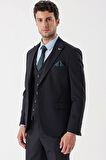 Desenli Armürlü Kırlangıç Yaka Yelekli Likralı 6 Drop Slim Fit Takım Elbise 1001235154 Koyu Lacivert