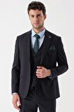 Desenli Armürlü Kırlangıç Yaka Yelekli Likralı 6 Drop Slim Fit Takım Elbise 1001235154 Koyu Lacivert