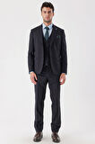 Desenli Armürlü Kırlangıç Yaka Yelekli Likralı 6 Drop Slim Fit Takım Elbise 1001235154 Koyu Lacivert