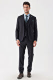 Desenli Armürlü Kırlangıç Yaka Yelekli Likralı 6 Drop Slim Fit Takım Elbise 1001235154 Koyu Lacivert