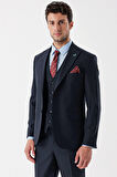 Desenli Armürlü Kırlangıç Yaka Yelekli Likralı 6 Drop Slim Fit Takım Elbise 1001235156 Koyu Lacivert