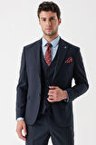 Desenli Armürlü Kırlangıç Yaka Yelekli Likralı 6 Drop Slim Fit Takım Elbise 1001235156 Koyu Lacivert