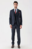 Desenli Armürlü Kırlangıç Yaka Yelekli Likralı 6 Drop Slim Fit Takım Elbise 1001235156 Koyu Lacivert