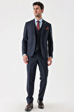 Desenli Armürlü Kırlangıç Yaka Yelekli Likralı 6 Drop Slim Fit Takım Elbise 1001235156 Koyu Lacivert