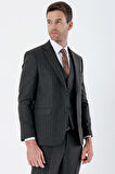 Çizgili Mono Yaka Yelekli 6 Drop Slim Fit Dar Kesim Klasik Takım Elbise 1001235160 Siyah