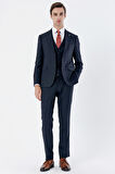 Çizgili Mono Yaka Yelekli 6 Drop Slim Fit Dar Kesim Klasik Takım Elbise 1001235160 Koyu Lacivert
