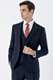 Çizgili Mono Yaka Yelekli 6 Drop Slim Fit Dar Kesim Klasik Takım Elbise 1001235160 Koyu Lacivert
