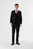 Koyu Lacivert Kırlangıç Yaka Yelekli 6 Drop Slim Fit Dar Kesim Klasik Takım Elbise 1001235165