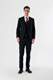Koyu Lacivert Kırlangıç Yaka Yelekli 6 Drop Slim Fit Dar Kesim Klasik Takım Elbise 1001235165