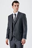 Koyu Füme Kırlangıç Yaka Yelekli 6 Drop Slim Fit Dar Kesim Klasik Takım Elbise 1001235166