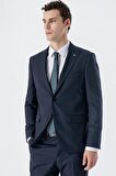 Koyu Lacivert Kırlangıç Yaka Yünlü Likralı 6 Drop Slim Fit Dar Kesim Klasik Takım Elbise 1001235175