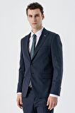 Koyu Lacivert Kırlangıç Yaka Yünlü Likralı 6 Drop Slim Fit Dar Kesim Klasik Takım Elbise 1001235175