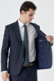 Koyu Lacivert Kırlangıç Yaka Yünlü Likralı 6 Drop Slim Fit Dar Kesim Klasik Takım Elbise 1001235175