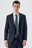 Koyu Lacivert Kırlangıç Yaka Yünlü Likralı 6 Drop Slim Fit Dar Kesim Klasik Takım Elbise 1001235175