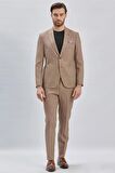 Kahverengi Kırlangıç Yaka Pamuklu Keten 6 Drop Slim Fit Dar Kesim Klasik Takım Elbise 1001240103