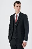 Armürlü Kırlangıç Yaka Yelekli Likralı 6 Drop Slim Fit Dar Kesim Klasik Takım Elbise 1001240150 Siyah