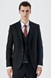 Armürlü Kırlangıç Yaka Yelekli Likralı 6 Drop Slim Fit Dar Kesim Klasik Takım Elbise 1001240150 Siyah