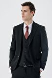 Armürlü Kırlangıç Yaka Yelekli Likralı 6 Drop Slim Fit Dar Kesim Klasik Takım Elbise 1001240150 Siyah