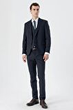 Koyu Lacivert Armürlü Kırlangıç Yaka Yelekli Likralı 6 Drop Slim Fit Dar Kesim Klasik Takım Elbise 1001240150