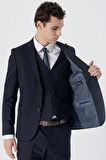 Koyu Lacivert Armürlü Kırlangıç Yaka Yelekli Likralı 6 Drop Slim Fit Dar Kesim Klasik Takım Elbise 1001240150