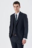 Koyu Lacivert Armürlü Kırlangıç Yaka Yelekli Likralı 6 Drop Slim Fit Dar Kesim Klasik Takım Elbise 1001240150