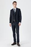 Koyu Lacivert Armürlü Kırlangıç Yaka Yelekli Likralı 6 Drop Slim Fit Dar Kesim Klasik Takım Elbise 1001240150