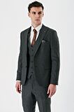 Koyu Antrasit Desenli Kırlangıç Yaka Yelekli 6 Drop Slim Fit Dar Kesim Klasik Takım Elbise 1001240155