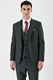 Koyu Antrasit Desenli Kırlangıç Yaka Yelekli 6 Drop Slim Fit Dar Kesim Klasik Takım Elbise 1001240155
