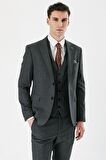 Koyu Antrasit Desenli Kırlangıç Yaka Yelekli 6 Drop Slim Fit Dar Kesim Klasik Takım Elbise 1001240155