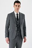 Füme Desenli Kırlangıç Yaka Yelekli 6 Drop Slim Fit Dar Kesim Klasik Takım Elbise 1001240157