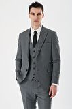 Füme Desenli Kırlangıç Yaka Yelekli 6 Drop Slim Fit Dar Kesim Klasik Takım Elbise 1001240157