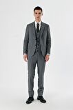 Füme Desenli Kırlangıç Yaka Yelekli 6 Drop Slim Fit Dar Kesim Klasik Takım Elbise 1001240157