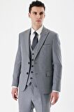 Gri Desenli Kırlangıç Yaka Yelekli 6 Drop Slim Fit Dar Kesim Klasik Takım Elbise 1001240157