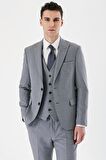 Gri Desenli Kırlangıç Yaka Yelekli 6 Drop Slim Fit Dar Kesim Klasik Takım Elbise 1001240157