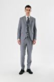 Gri Desenli Kırlangıç Yaka Yelekli 6 Drop Slim Fit Dar Kesim Klasik Takım Elbise 1001240157