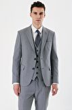 Gri Desenli Kırlangıç Yaka Yelekli 6 Drop Slim Fit Dar Kesim Klasik Takım Elbise 1001240157