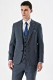 Koyu Lacivert Desenli Kırlangıç Yaka Yelekli 6 Drop Slim Fit Dar Kesim Klasik Takım Elbise 1001240157