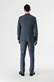 Koyu Lacivert Desenli Kırlangıç Yaka Yelekli 6 Drop Slim Fit Dar Kesim Klasik Takım Elbise 1001240157