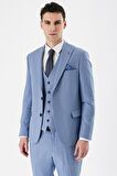 Mavi Desenli Kırlangıç Yaka Yelekli 6 Drop Slim Fit Dar Kesim Klasik Takım Elbise 1001240157