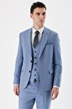 Mavi Desenli Kırlangıç Yaka Yelekli 6 Drop Slim Fit Dar Kesim Klasik Takım Elbise 1001240157