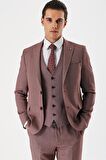Koyu Vizon Desenli Kırlangıç Yaka Yelekli 6 Drop Slim Fit Dar Kesim Klasik Takım Elbise 1001240157